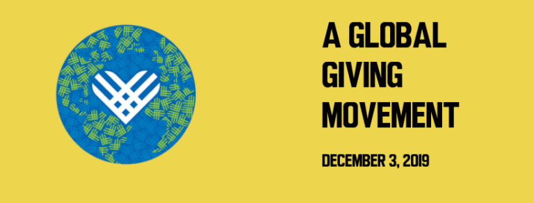 text reads "A global giving movement December 3, 2019" with globe illustration made out of patterned Giving Tuesday logo