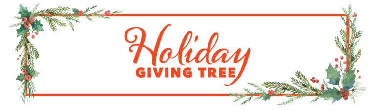 Text reads "Holiday Giving Tree" with festive botanical border