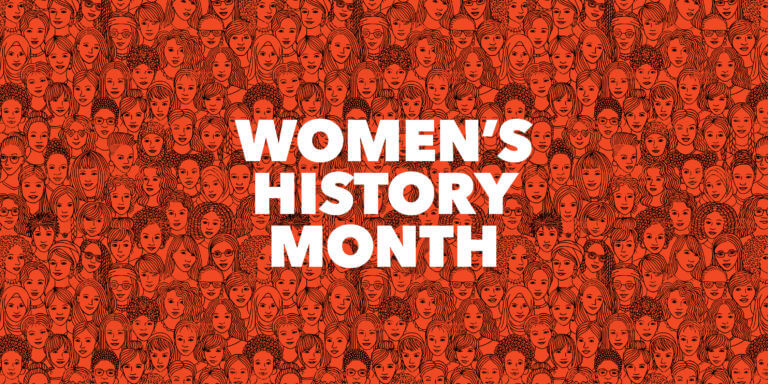 "Women's History Month" overlaid over persimmon illustration of diverse group of women