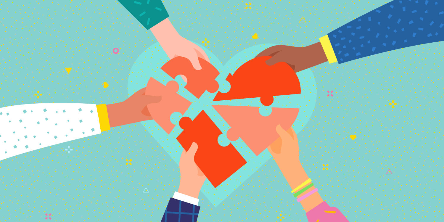 illustration of 5 hands holding puzzle pieces that come together to form a heart