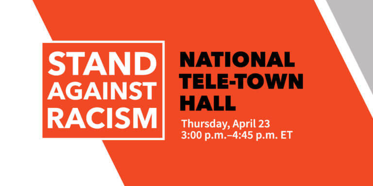 "Stand Against Racism National Tele-Town Hall" over angled persimmon background