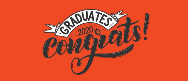 "Congrats 2020 Graduates" script on a orange background
