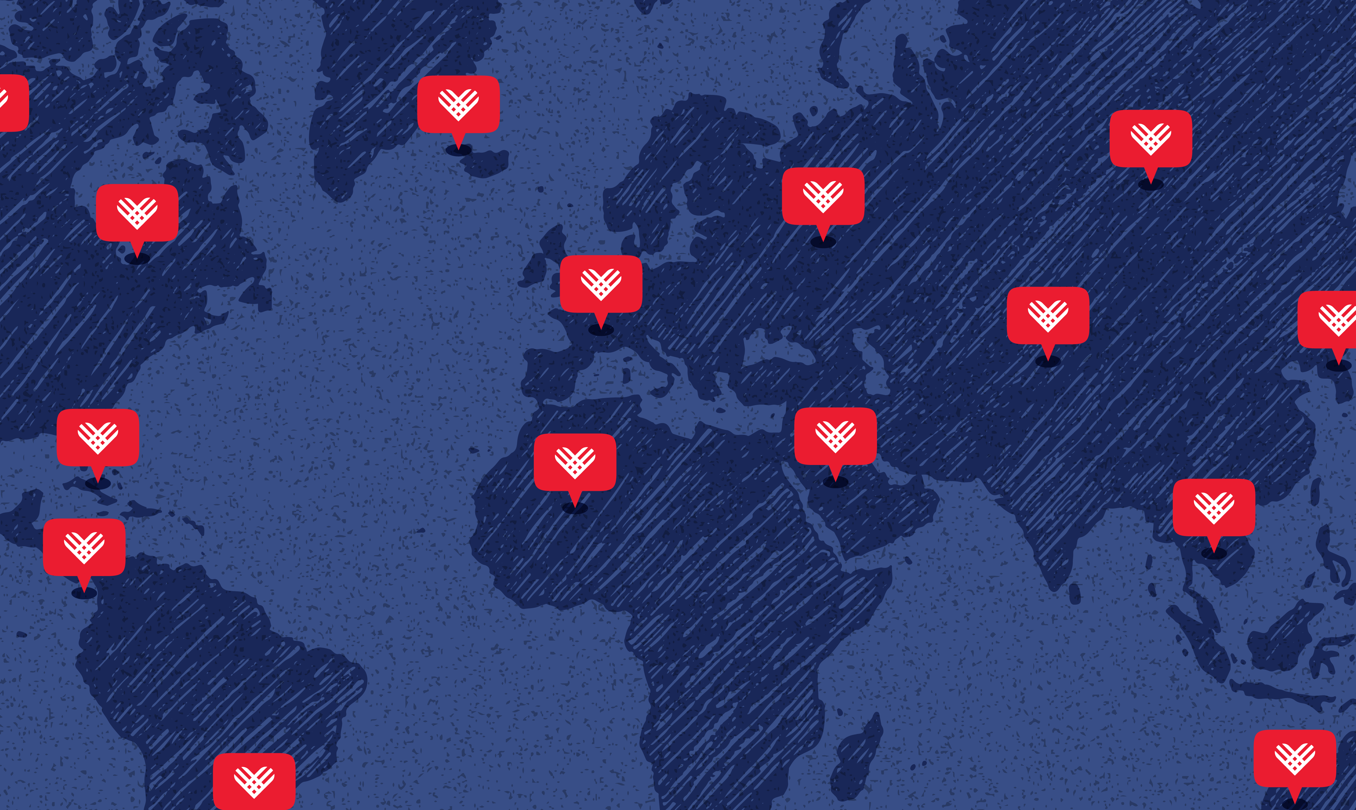 blue map of continents with red heart bubbles scattered throughout