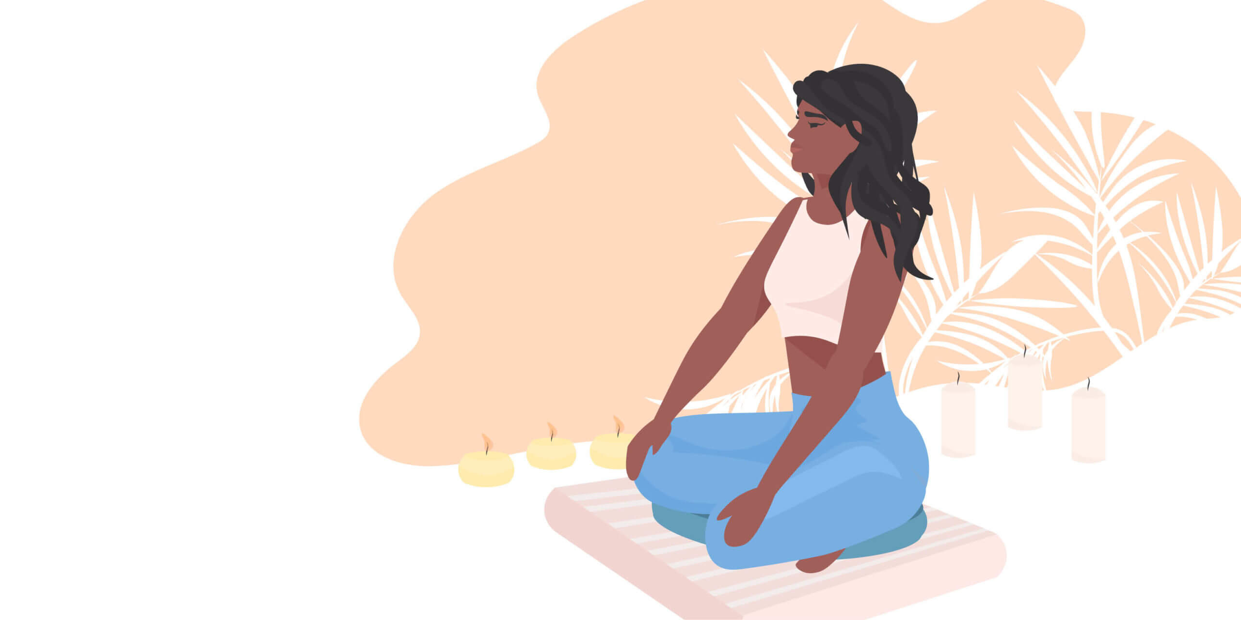 stylized illustration of an African American teen girl sitting in lotus pose on a meditation pillow. The background has a few candles and palm leaves.