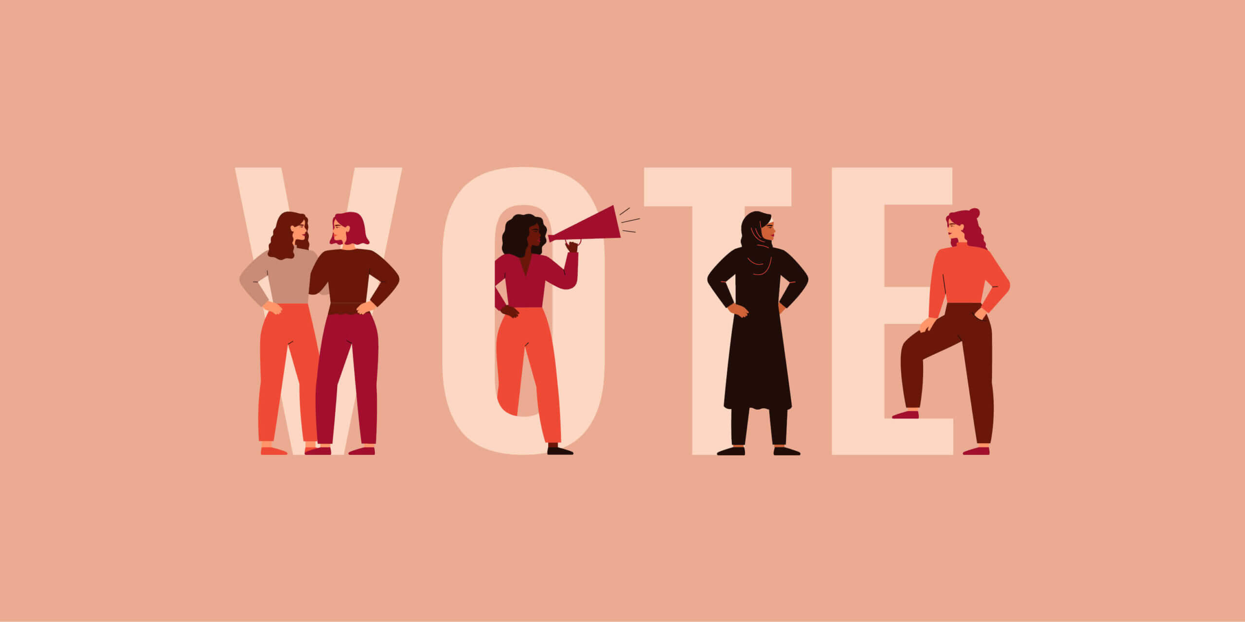 illustration of diverse women standing on the word vote