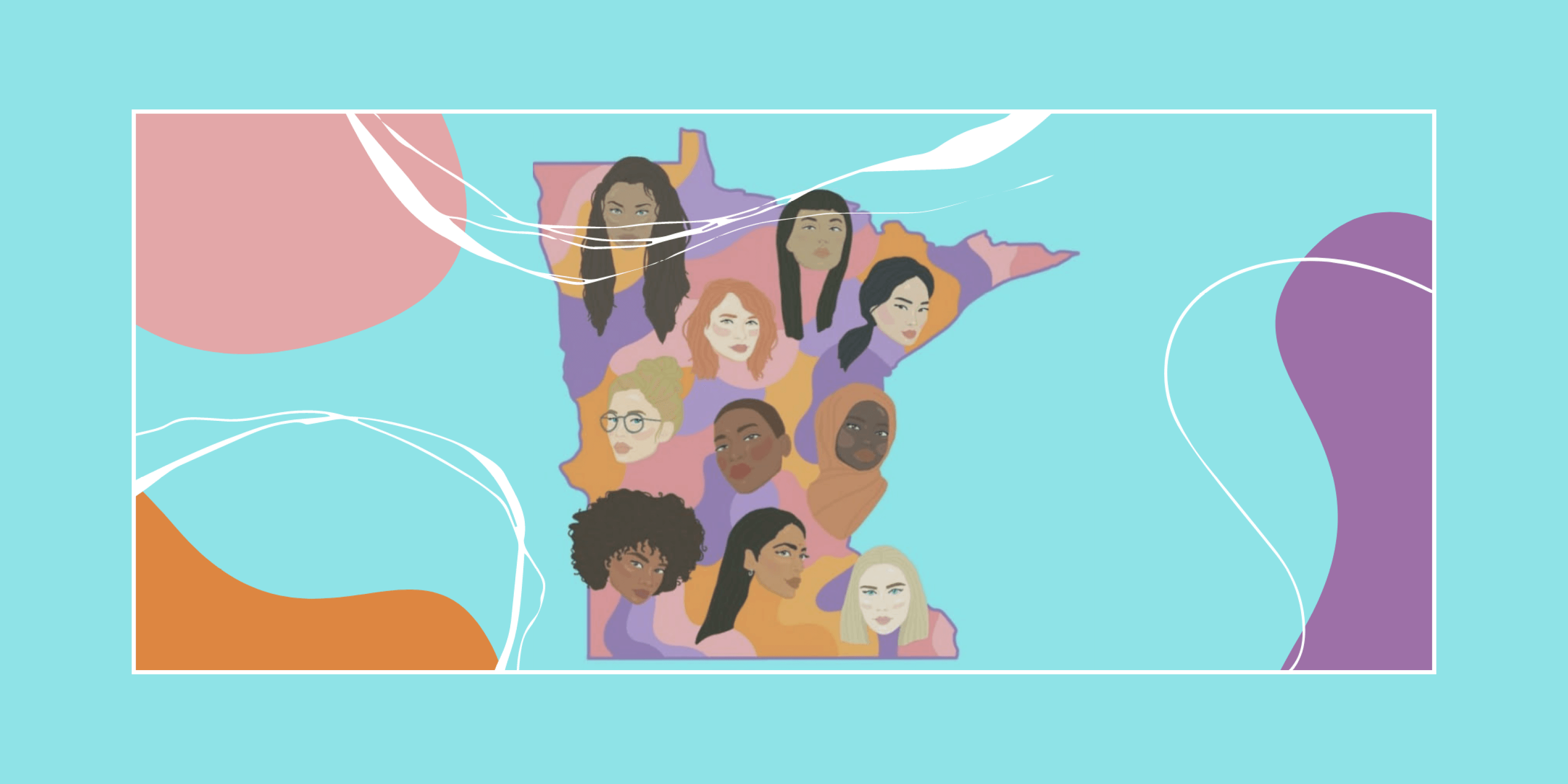 stylized illustration of women's portraits overlaid on the state of Minnesota
