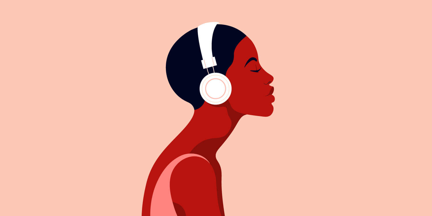 vector illustration of a young Black woman listening to music on headphones