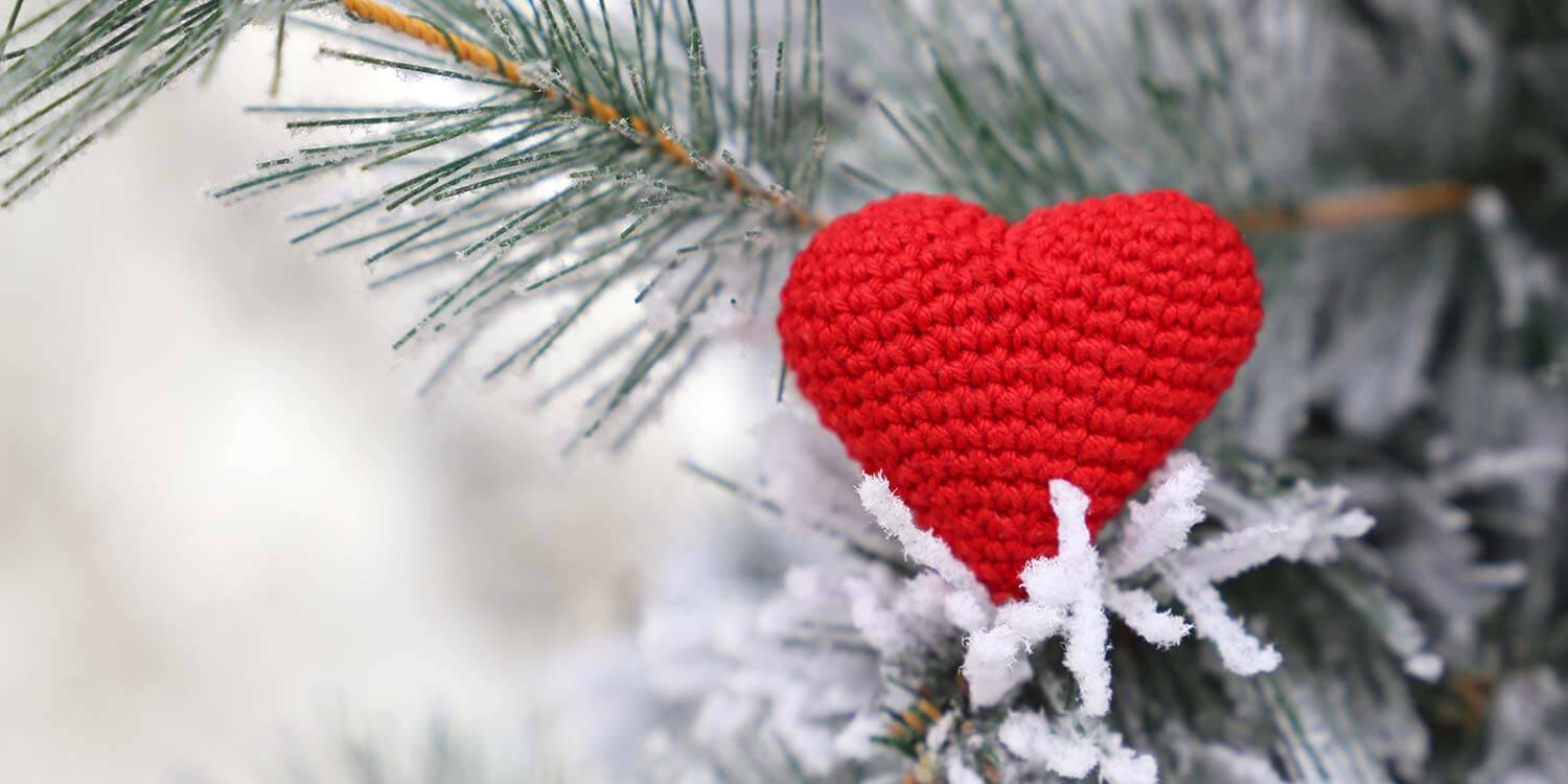 Red knitted heart in the snow on fir branches