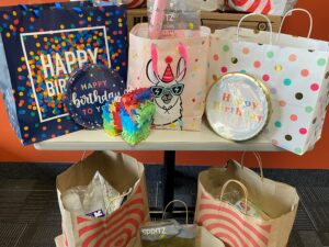 close up of birthday party kit bags