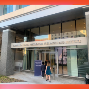 Women walking into Ronald Reagan Institute in Washington, D.C.