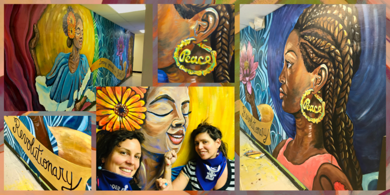 Collage of cell phone pictures taken of mural painted by Claudia Valentino and Camila Leiva in a YWCA St. Paul housing program facilty.
